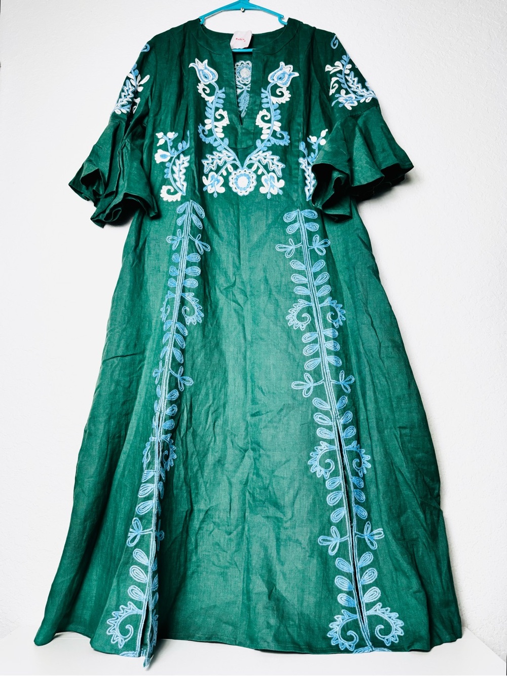 March 11 Dress Womens Large Green Floral Embroidered Linen Maxi Annabell - Picture 5 of 14